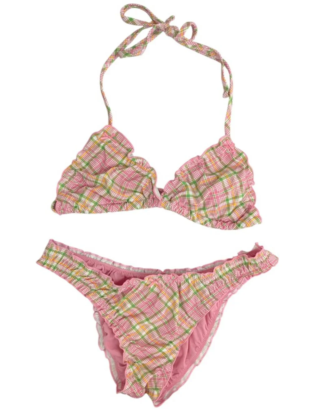 Pink X Frankie's Bikinis Pink Green Bikini Set Strawberry Plaid Ruffle Size M